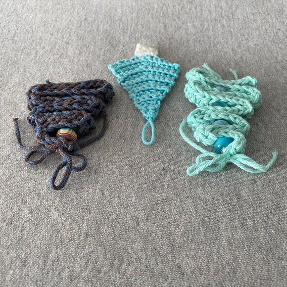 Handmade Crochet Blue Brown Holiday Christmas Tree Hanging Decorations Set of 3 - Picture 4 of 6